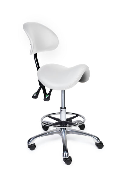 Ergonomischer Sattelhocker mit Rückenlehne Premium Weiß auf Rollen