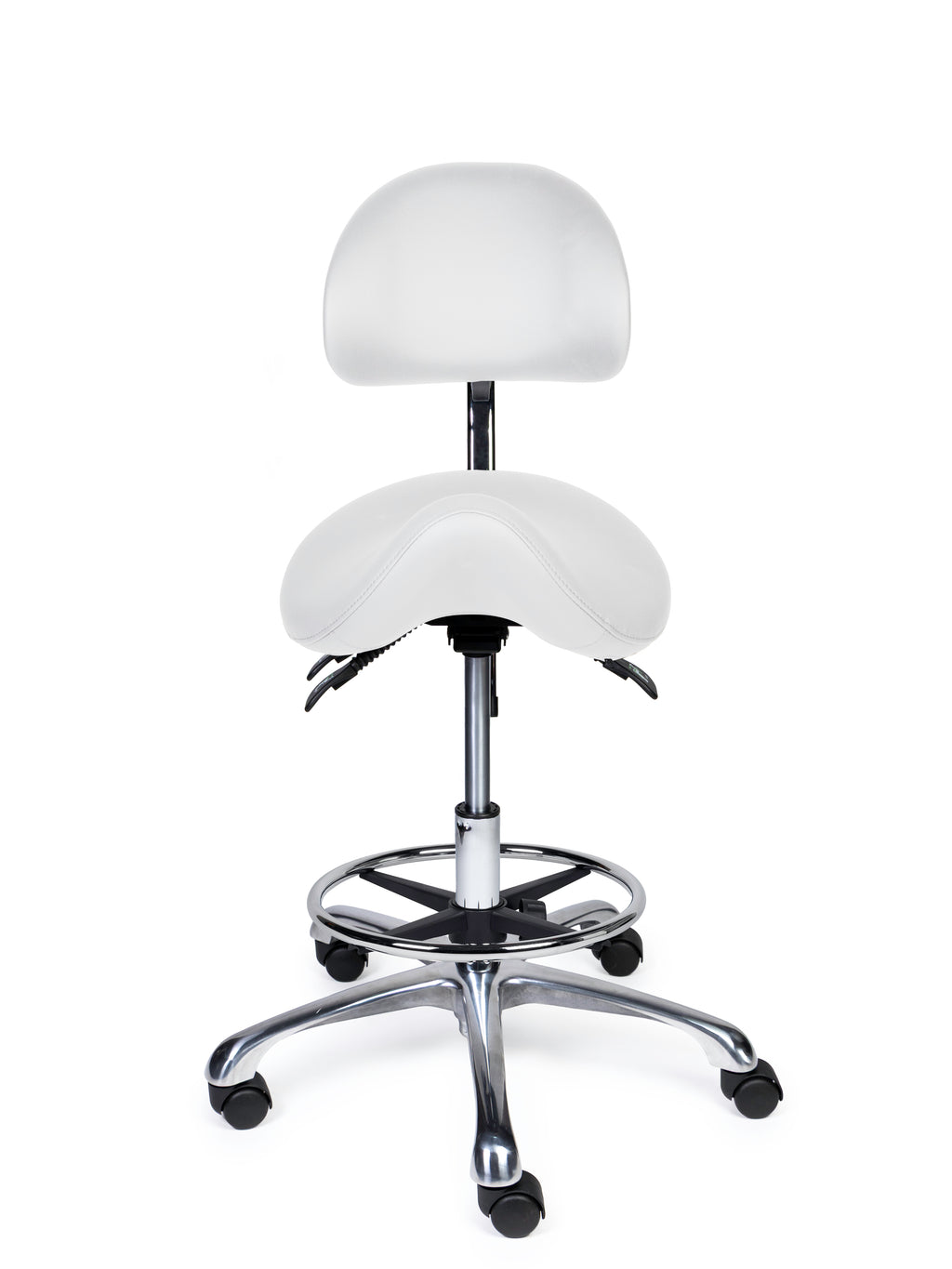 Ergonomischer Sattelhocker mit Rückenlehne Premium Weiss auf Rollen