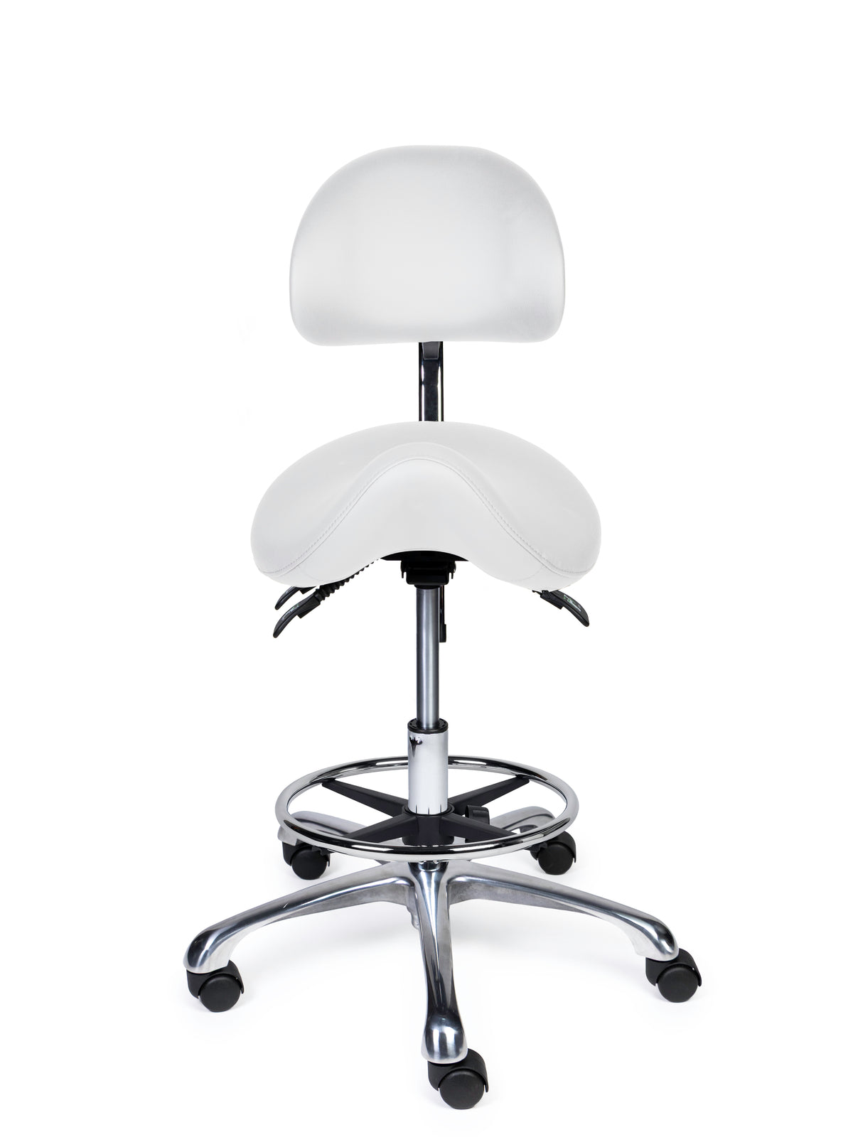 Ergonomischer Sattelhocker mit Rückenlehne Premium Weiß auf Rollen