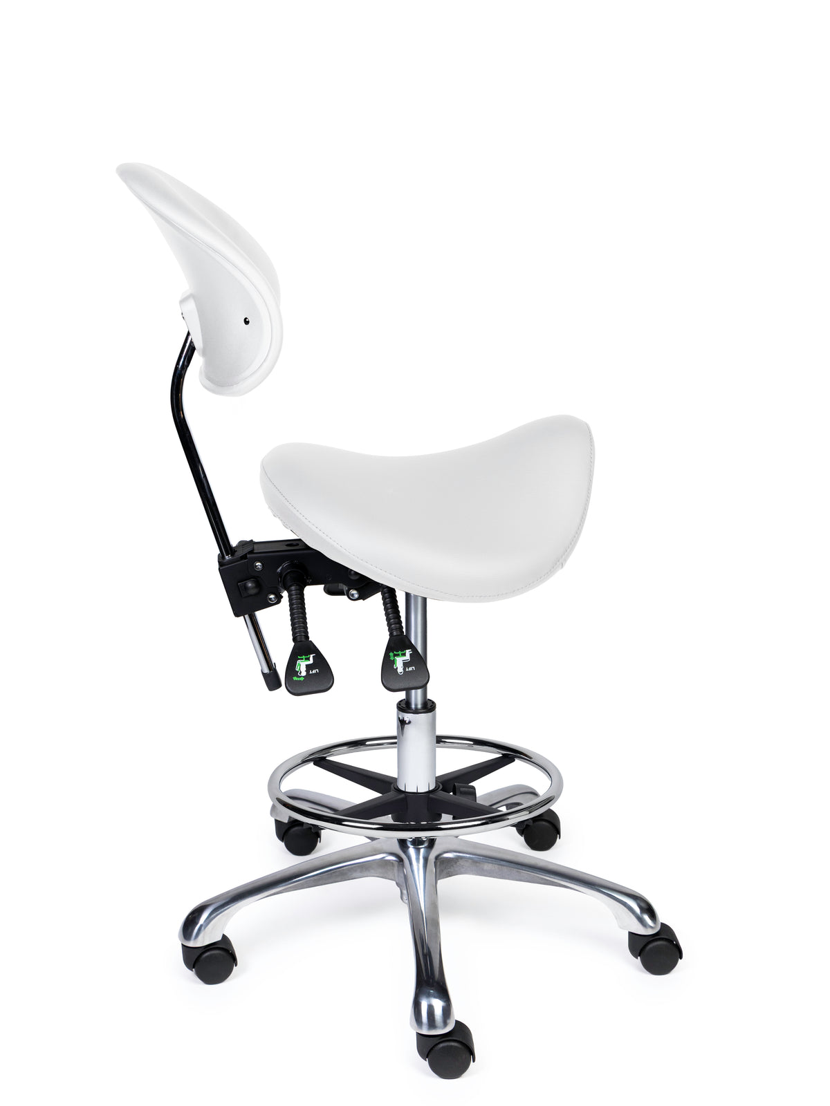 Ergonomischer Sattelhocker mit Rückenlehne Premium Weiß auf Rollen