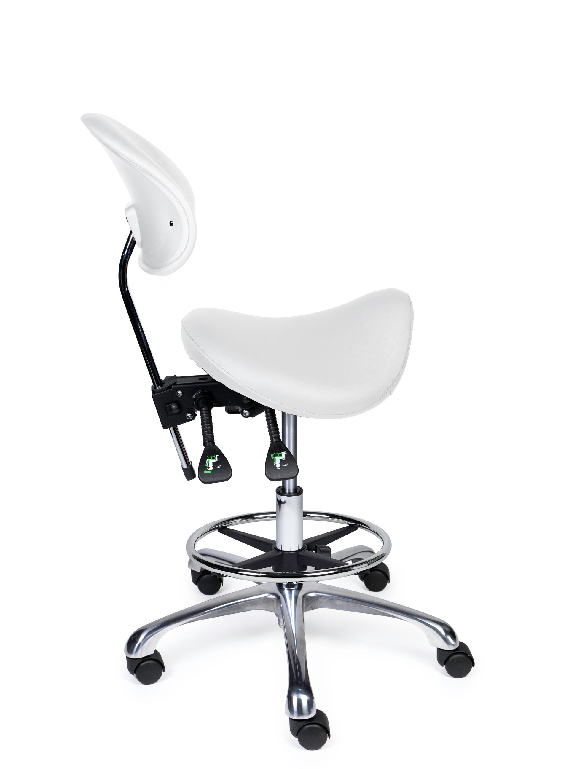 Ergonomischer Sattelhocker mit Rückenlehne Premium Weiss auf Rollen
