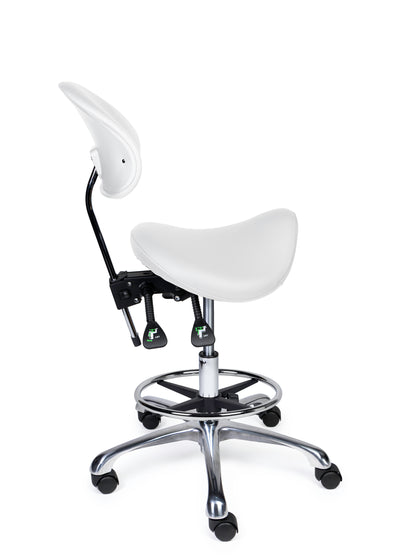 Ergonomischer Sattelhocker mit Rückenlehne Premium Weiß auf Rollen