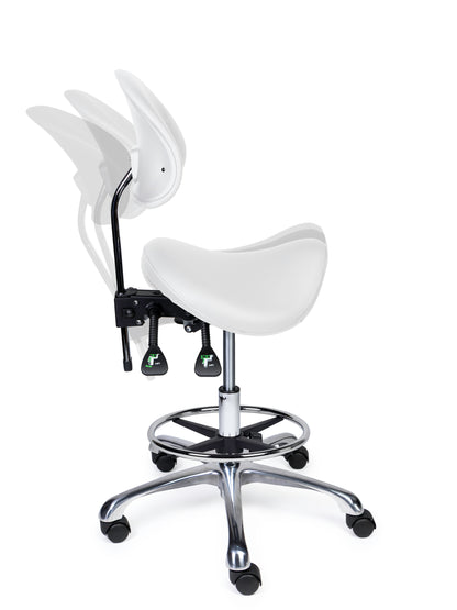 Ergonomischer Sattelhocker mit Rückenlehne Premium Weiß auf Rollen
