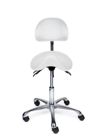Ergonomischer Sattelhocker mit Rückenlehne Premium Weiß auf Rollen
