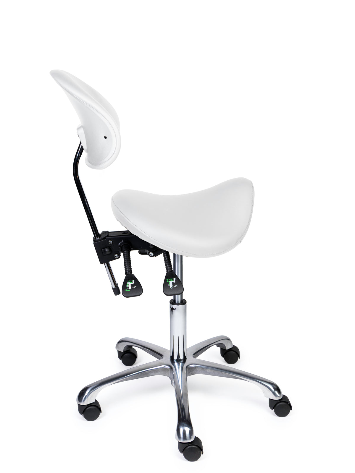 Ergonomischer Sattelhocker mit Rückenlehne Premium Weiß auf Rollen