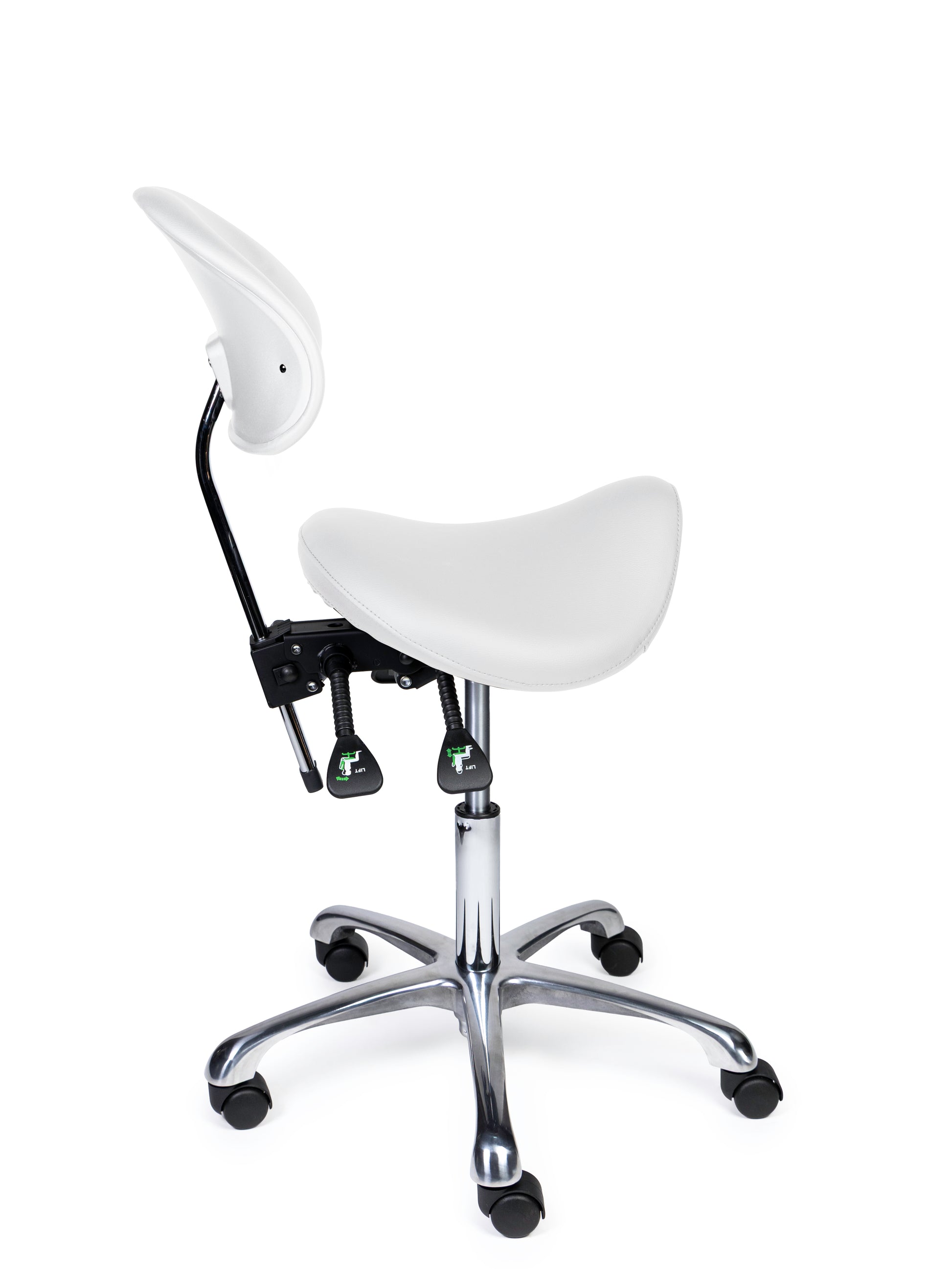 Ergonomischer Sattelhocker mit Rückenlehne Premium Weiss auf Rollen