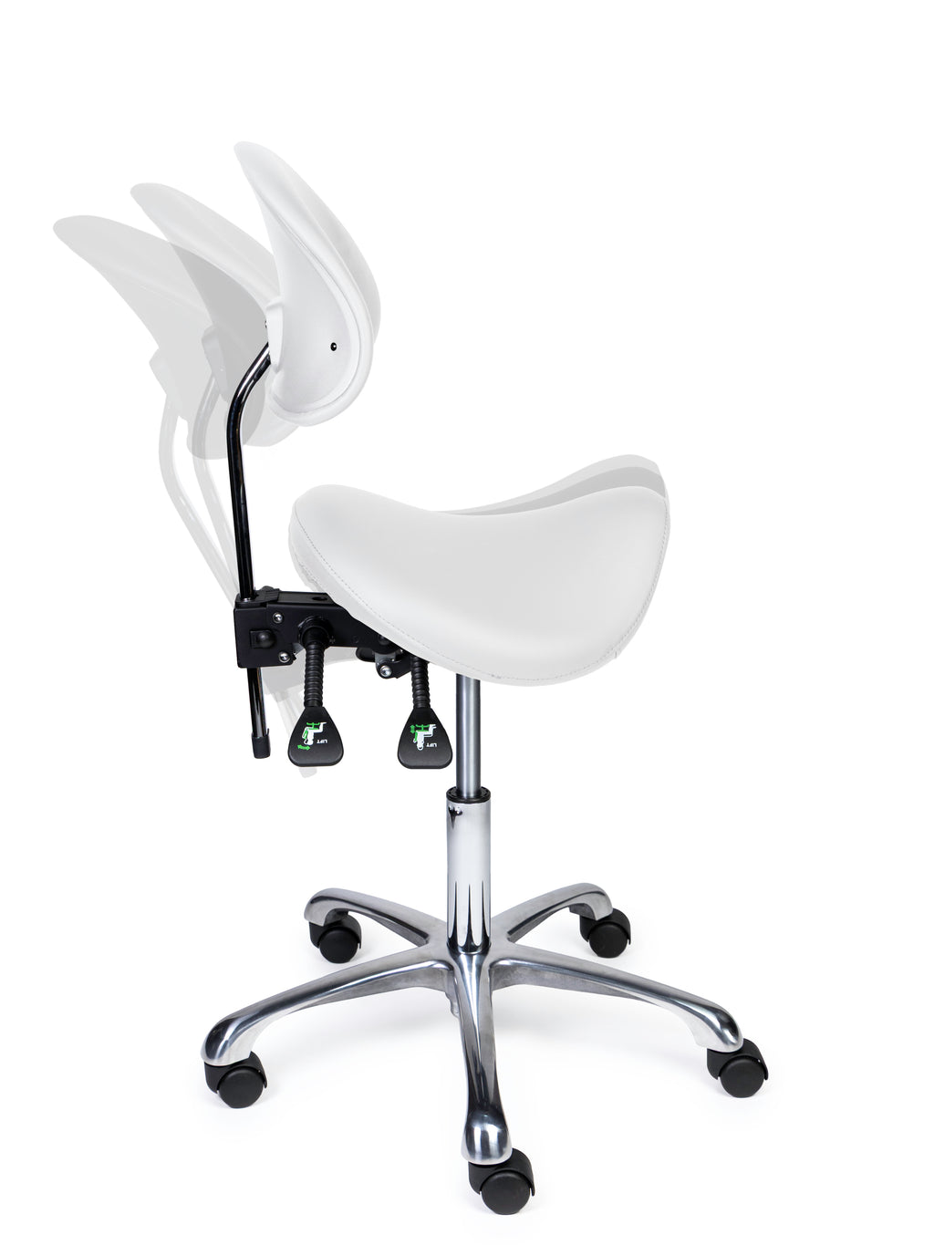 Ergonomischer Sattelhocker mit Rückenlehne Premium Weiss auf Rollen