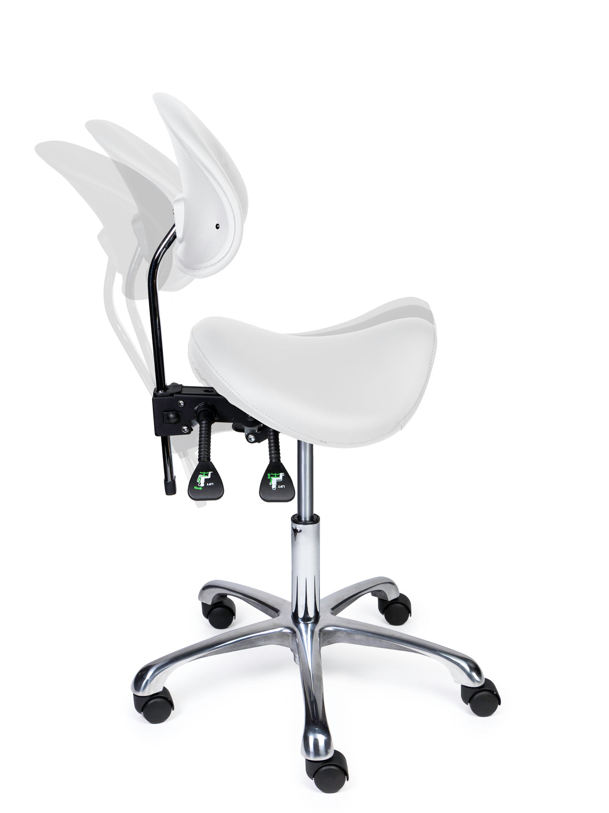 Ergonomischer Sattelhocker mit Rückenlehne Premium Weiß auf Rollen