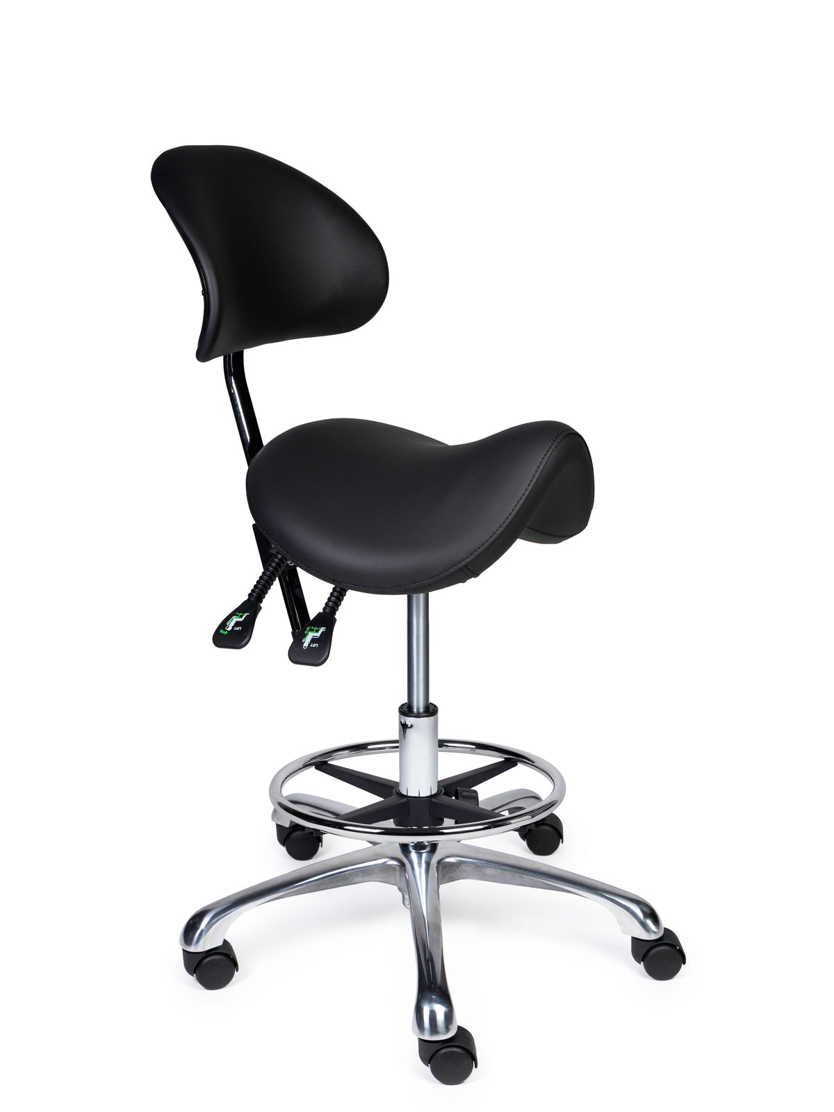 Ergonomischer Sattelhocker mit Rückenlehne Premium Schwarz auf Rollen