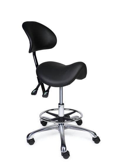 Ergonomischer Sattelhocker mit Rückenlehne Premium Schwarz auf Rollen