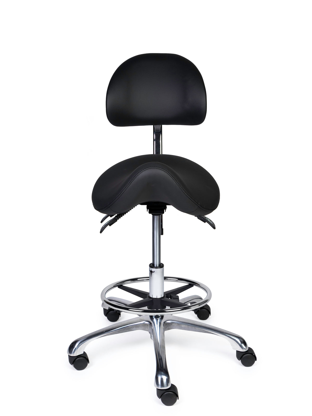 Ergonomischer Sattelhocker mit Rückenlehne Premium Schwarz auf Rollen