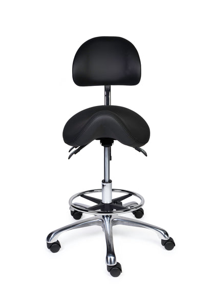 Ergonomischer Sattelhocker mit Rückenlehne Premium Schwarz auf Rollen