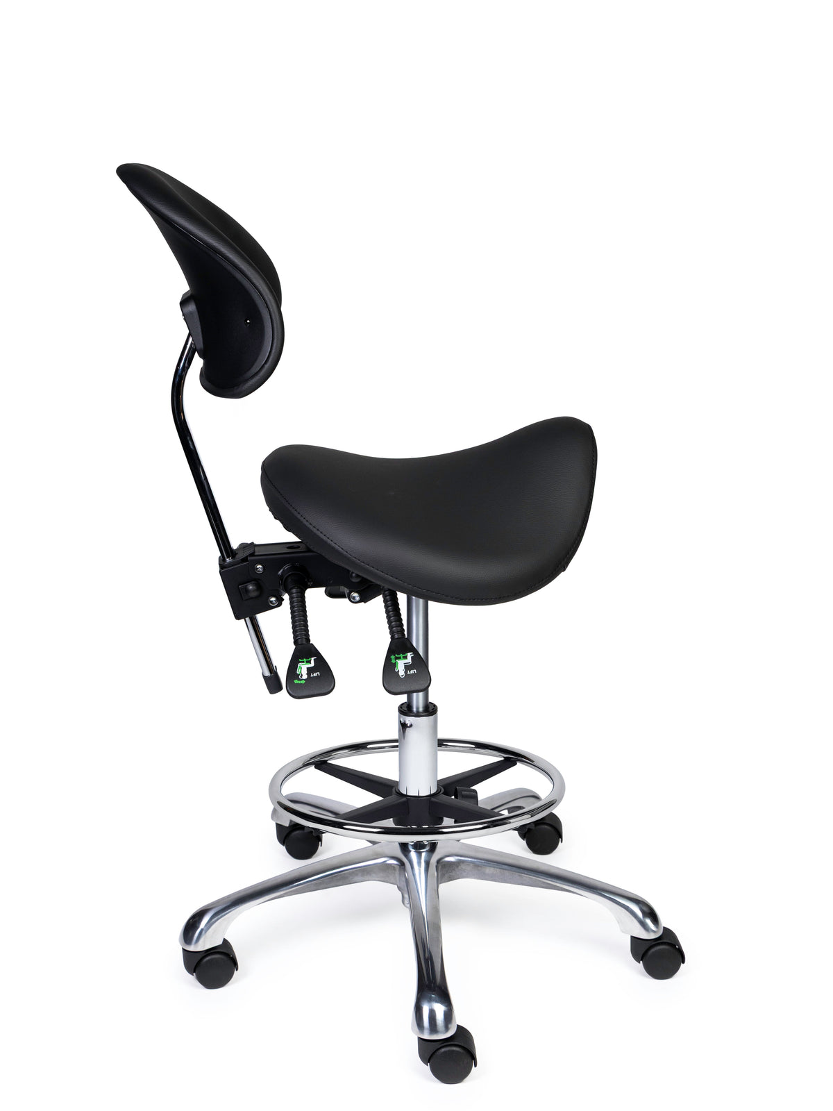 Ergonomischer Sattelhocker mit Rückenlehne Premium Schwarz auf Rollen