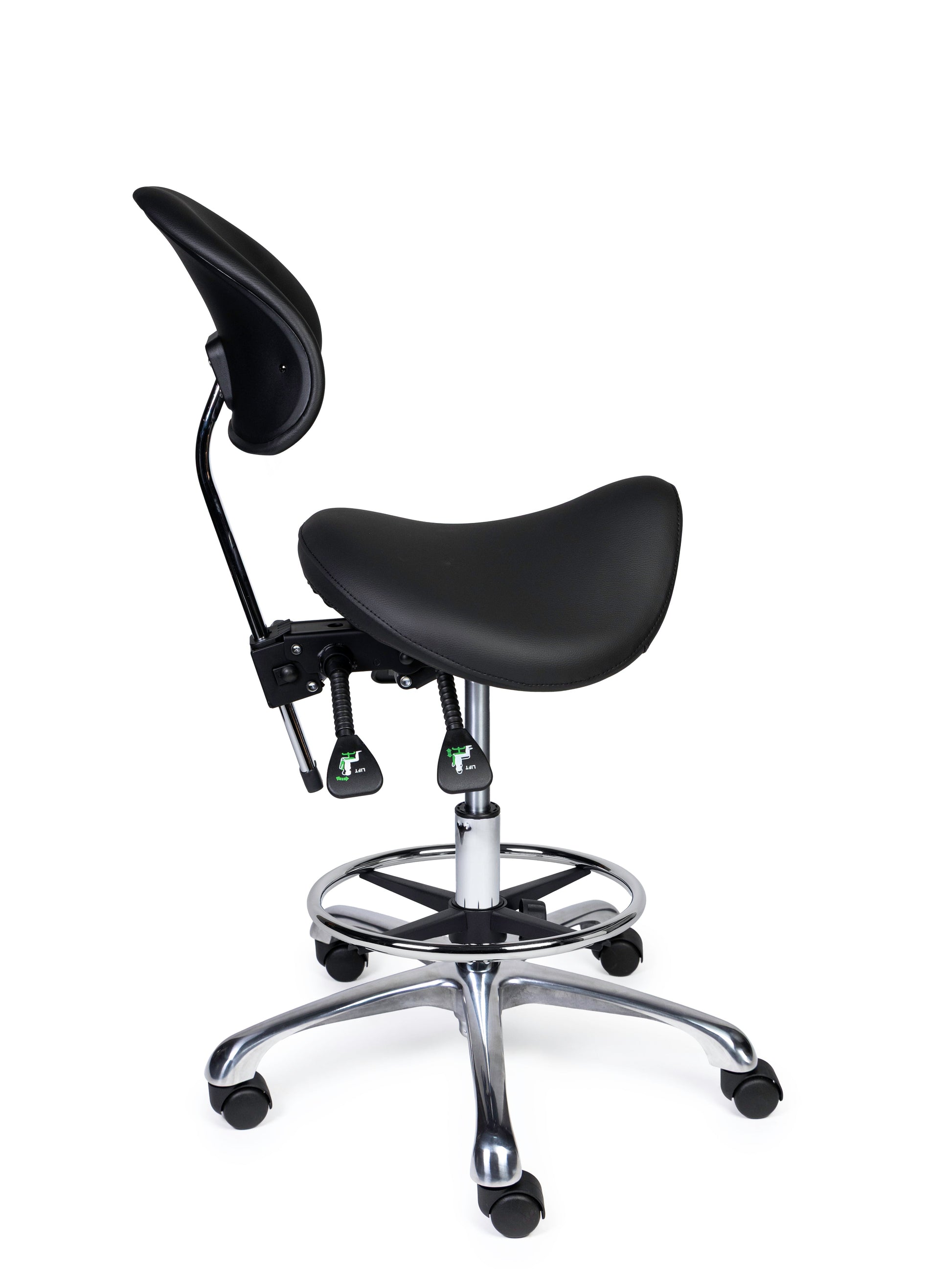 Ergonomischer Sattelhocker mit Rückenlehne Premium Schwarz auf Rollen