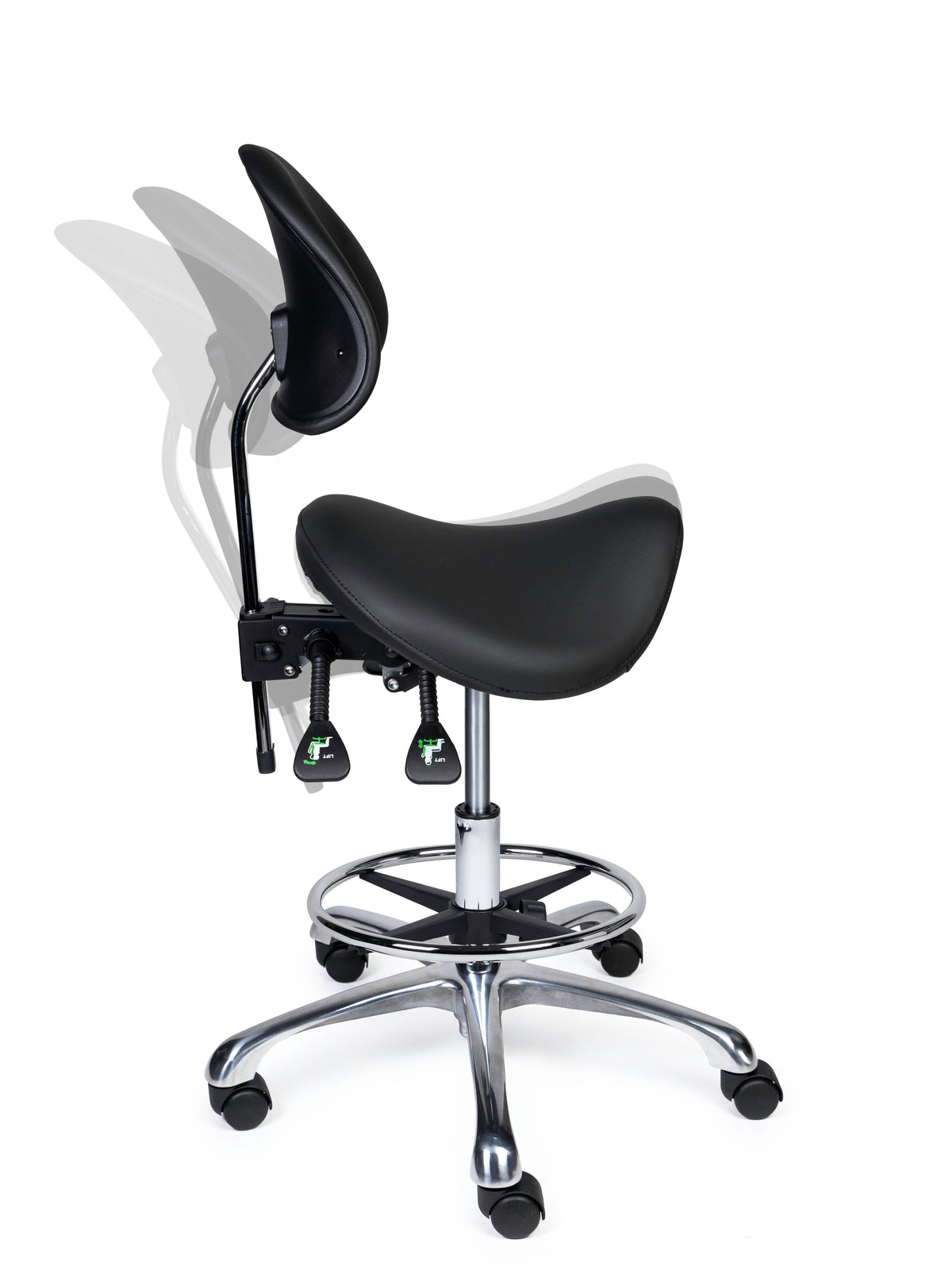 Ergonomischer Sattelhocker mit Rückenlehne Premium Schwarz auf Rollen