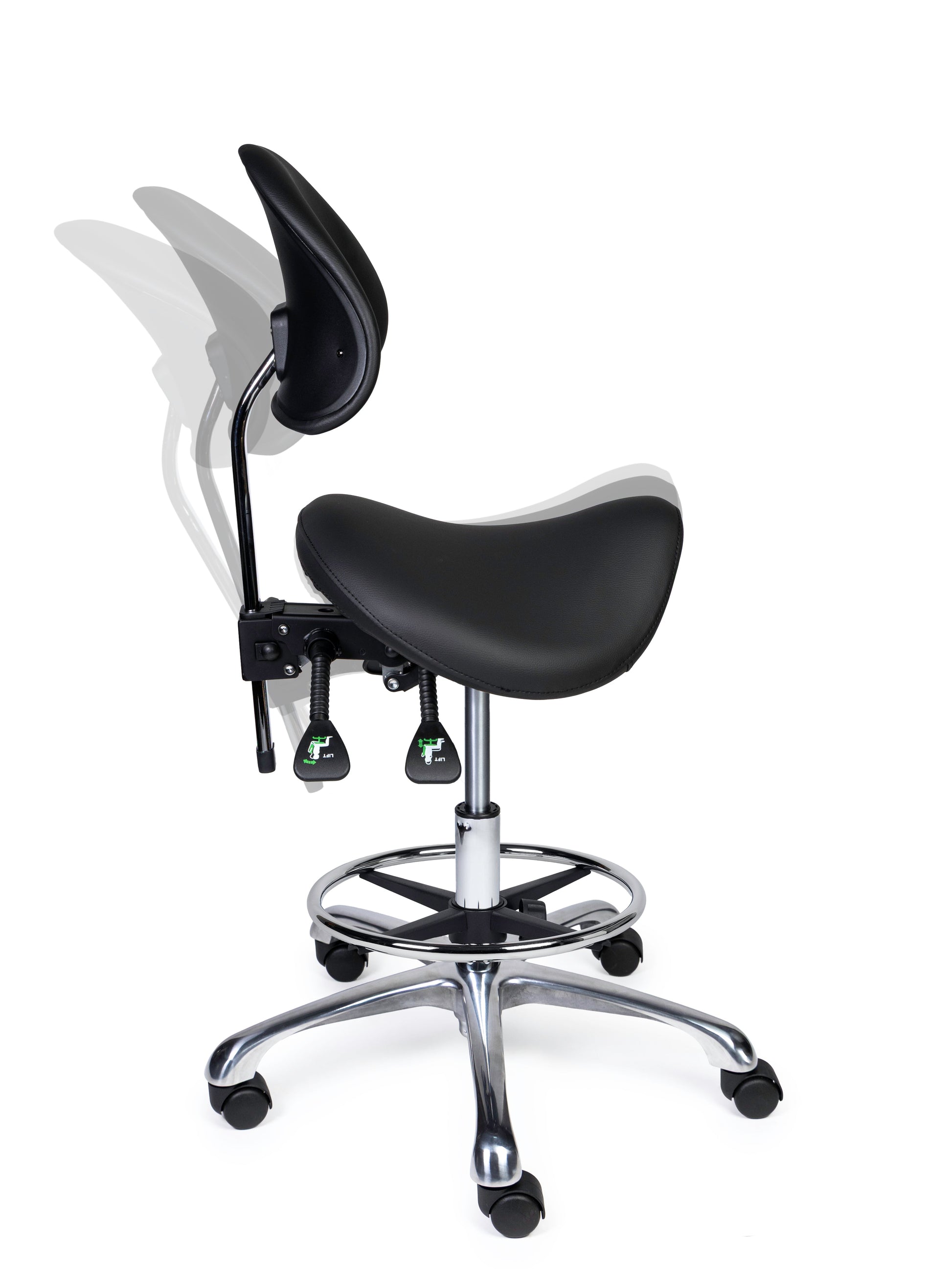 Ergonomischer Sattelhocker mit Rückenlehne Premium Schwarz auf Rollen