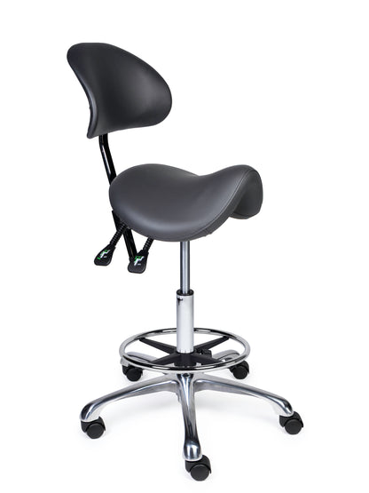 Ergonomischer Sattelhocker mit Rückenlehne Premium Grau auf Rollen