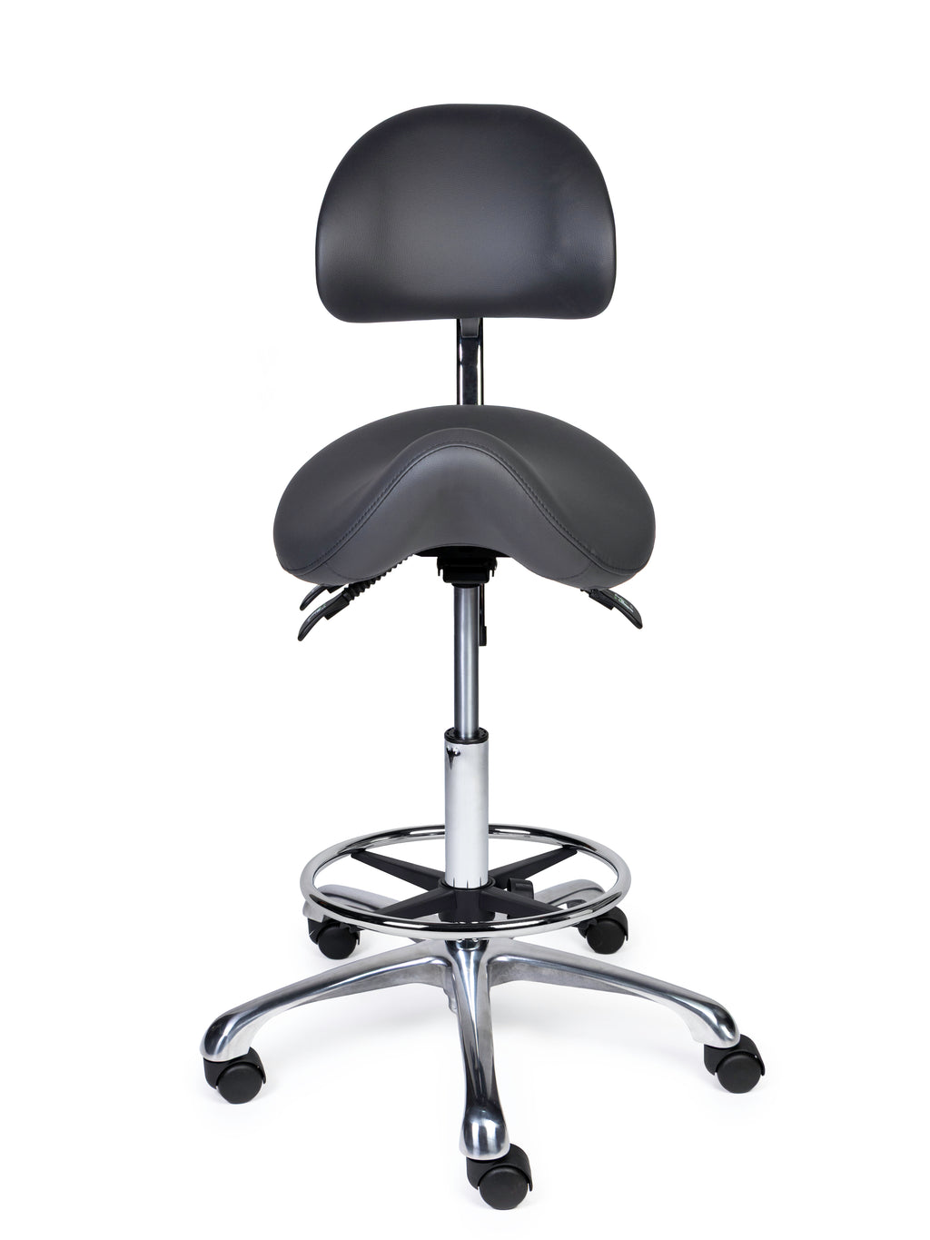 Ergonomischer Sattelhocker mit Rückenlehne Premium Grau auf Rollen