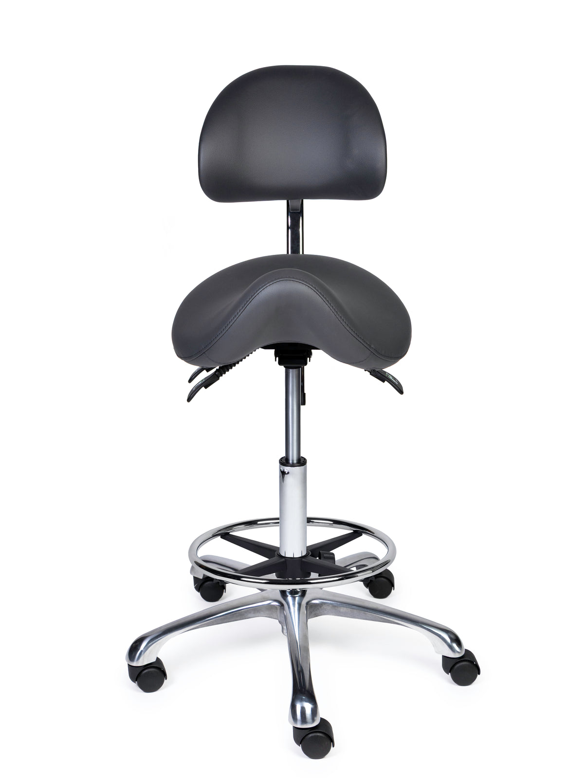 Ergonomischer Sattelhocker mit Rückenlehne Premium Grau auf Rollen