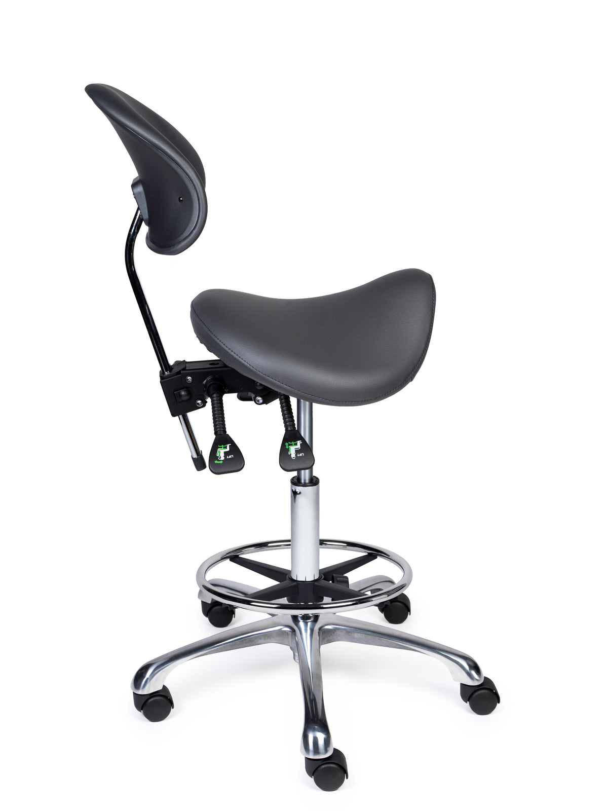 Ergonomischer Sattelhocker mit Rückenlehne Premium Grau auf Rollen
