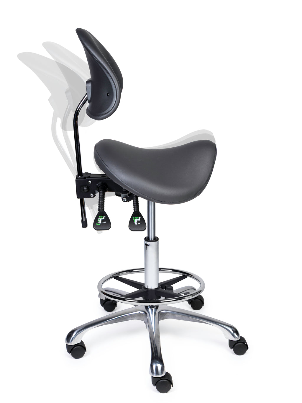Ergonomischer Sattelhocker mit Rückenlehne Premium Grau auf Rollen