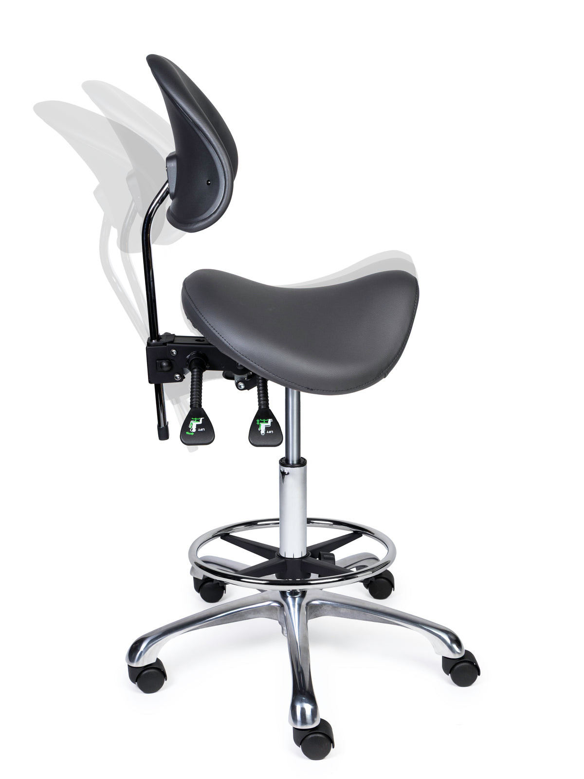 Ergonomischer Sattelhocker mit Rückenlehne Premium Grau auf Rollen