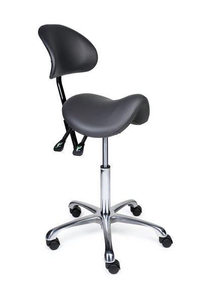 Ergonomischer Sattelhocker mit Rückenlehne Premium Grau auf Rollen