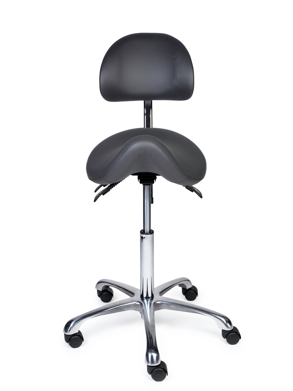 Ergonomischer Sattelhocker mit Rückenlehne Premium Grau auf Rollen