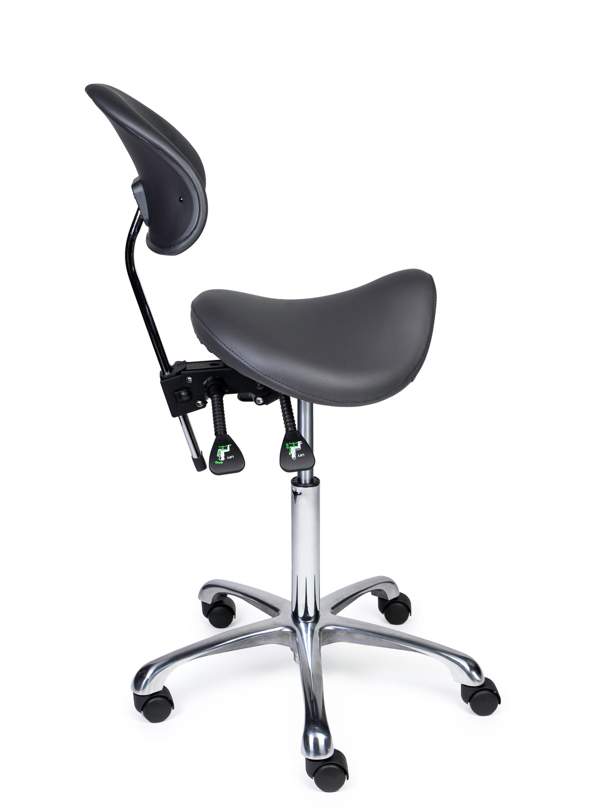 Ergonomischer Sattelhocker mit Rückenlehne Premium Grau auf Rollen