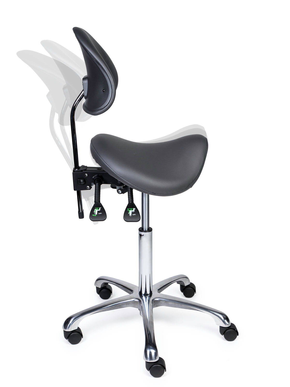 Ergonomischer Sattelhocker mit Rückenlehne Premium Grau auf Rollen