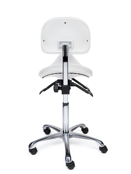 Ergonomischer Sattelhocker mit Rückenlehne Premium Weiß auf Rollen