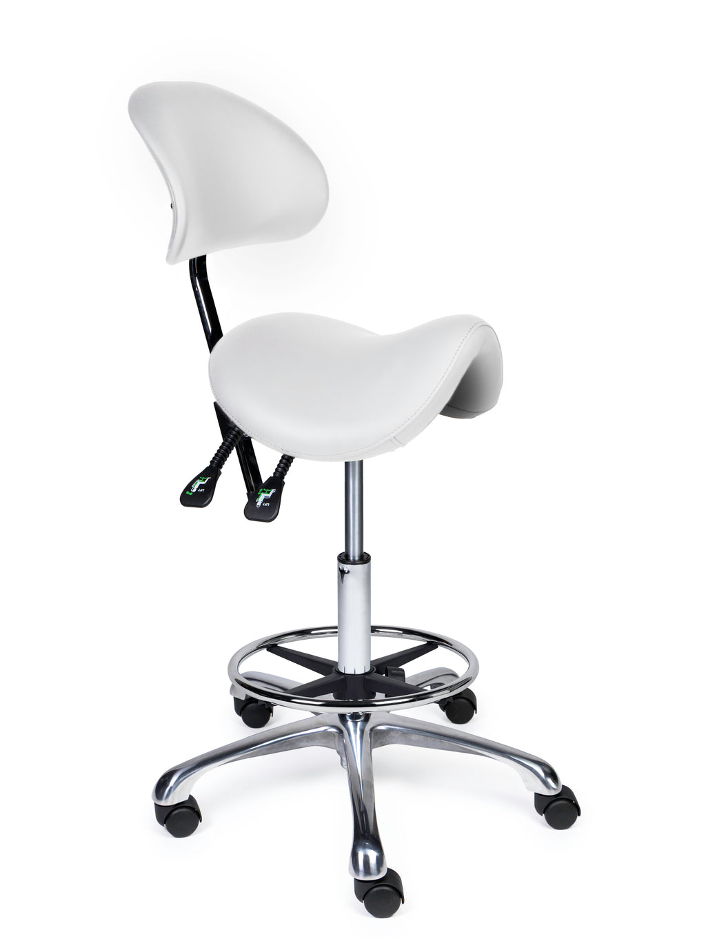 Ergonomischer Sattelhocker mit Rückenlehne Premium Weiss auf Rollen