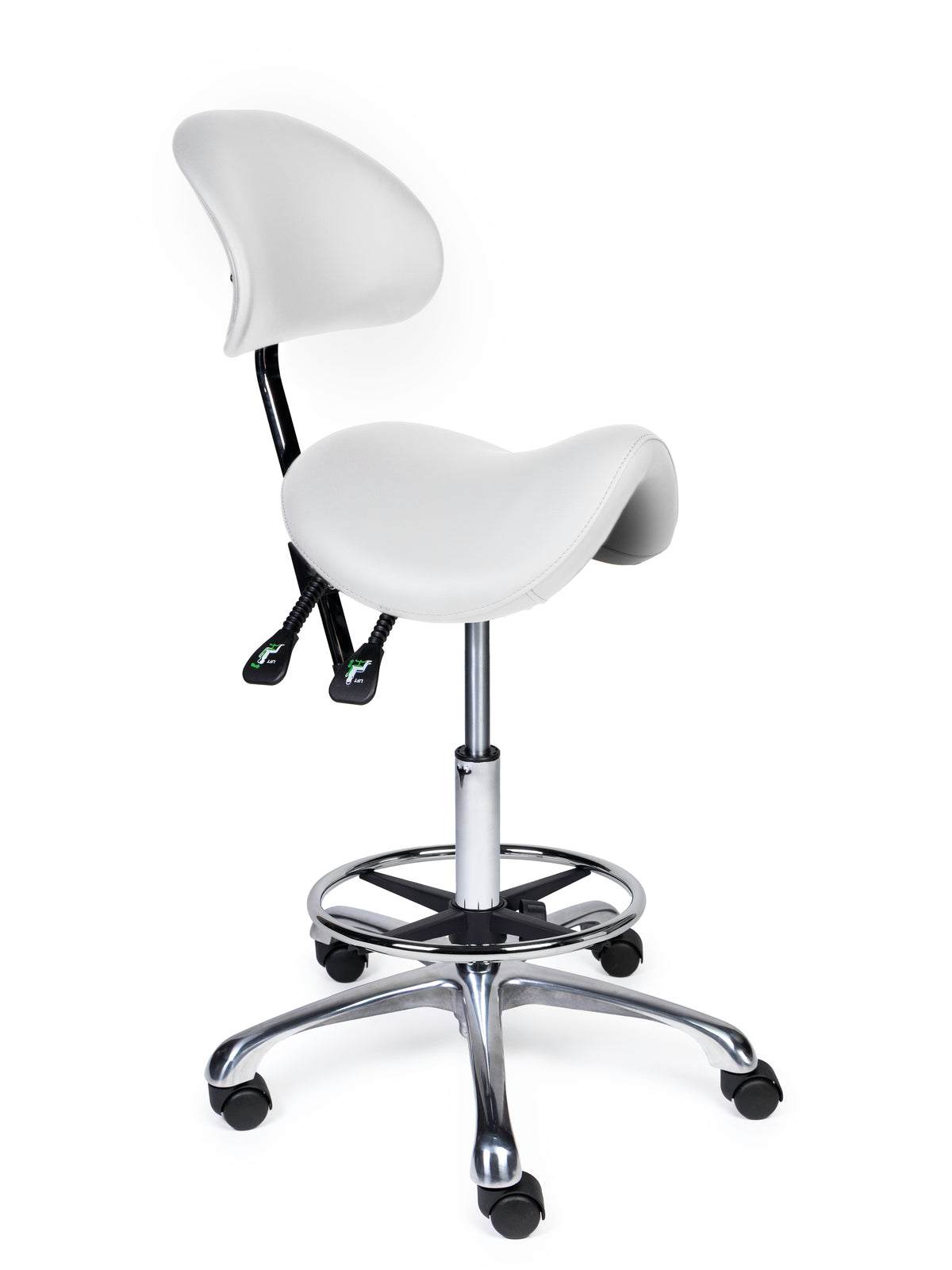 Ergonomischer Sattelhocker mit Rückenlehne Premium Weiß auf Rollen
