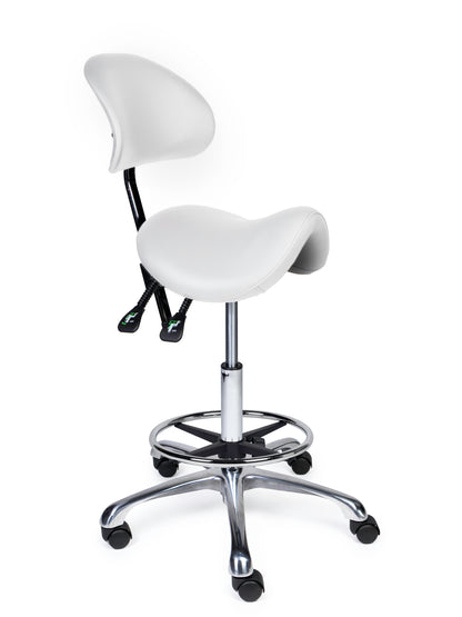 Ergonomischer Sattelhocker mit Rückenlehne Premium Weiß auf Rollen