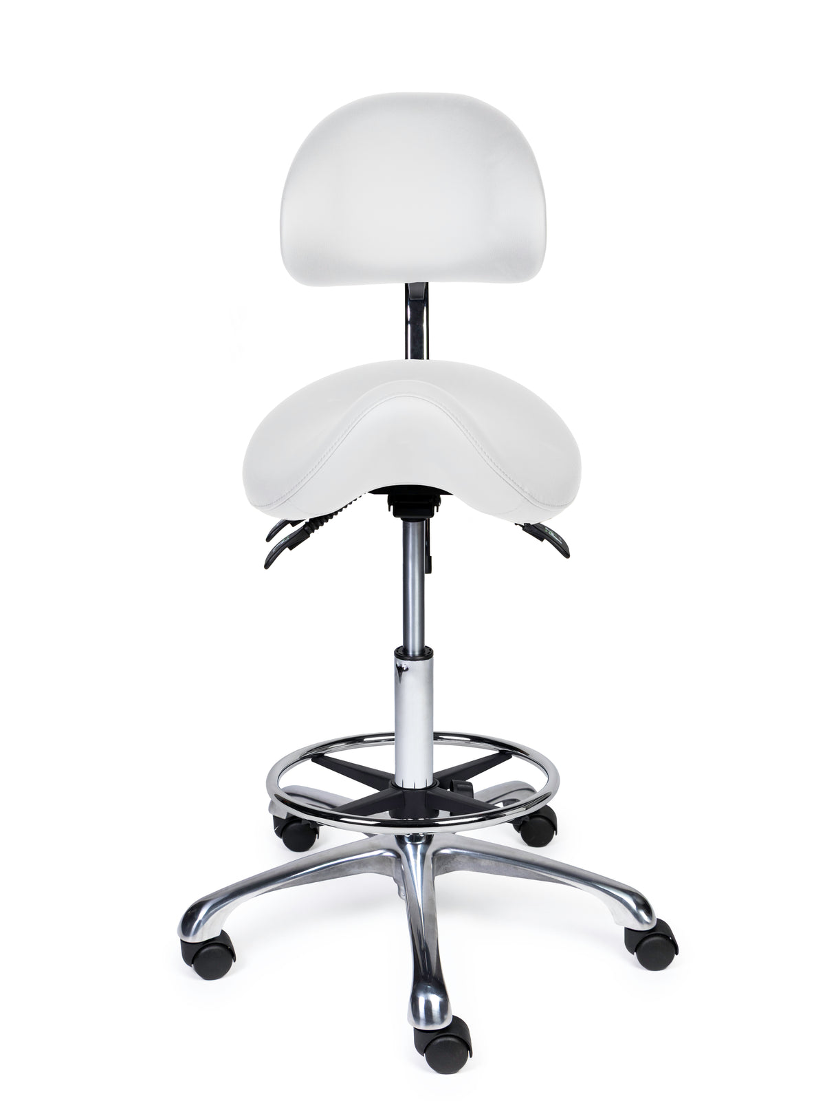 Ergonomischer Sattelhocker mit Rückenlehne Premium Weiß auf Rollen