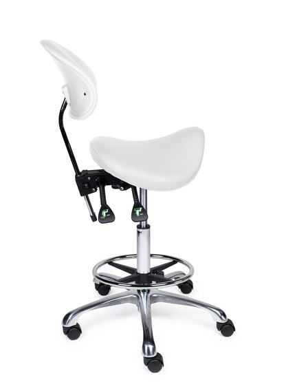 Ergonomischer Sattelhocker mit Rückenlehne Premium Weiß auf Rollen