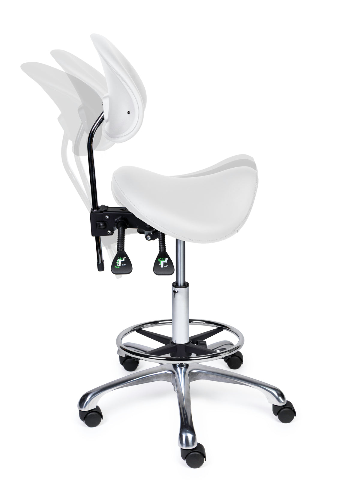 Ergonomischer Sattelhocker mit Rückenlehne Premium Weiß auf Rollen