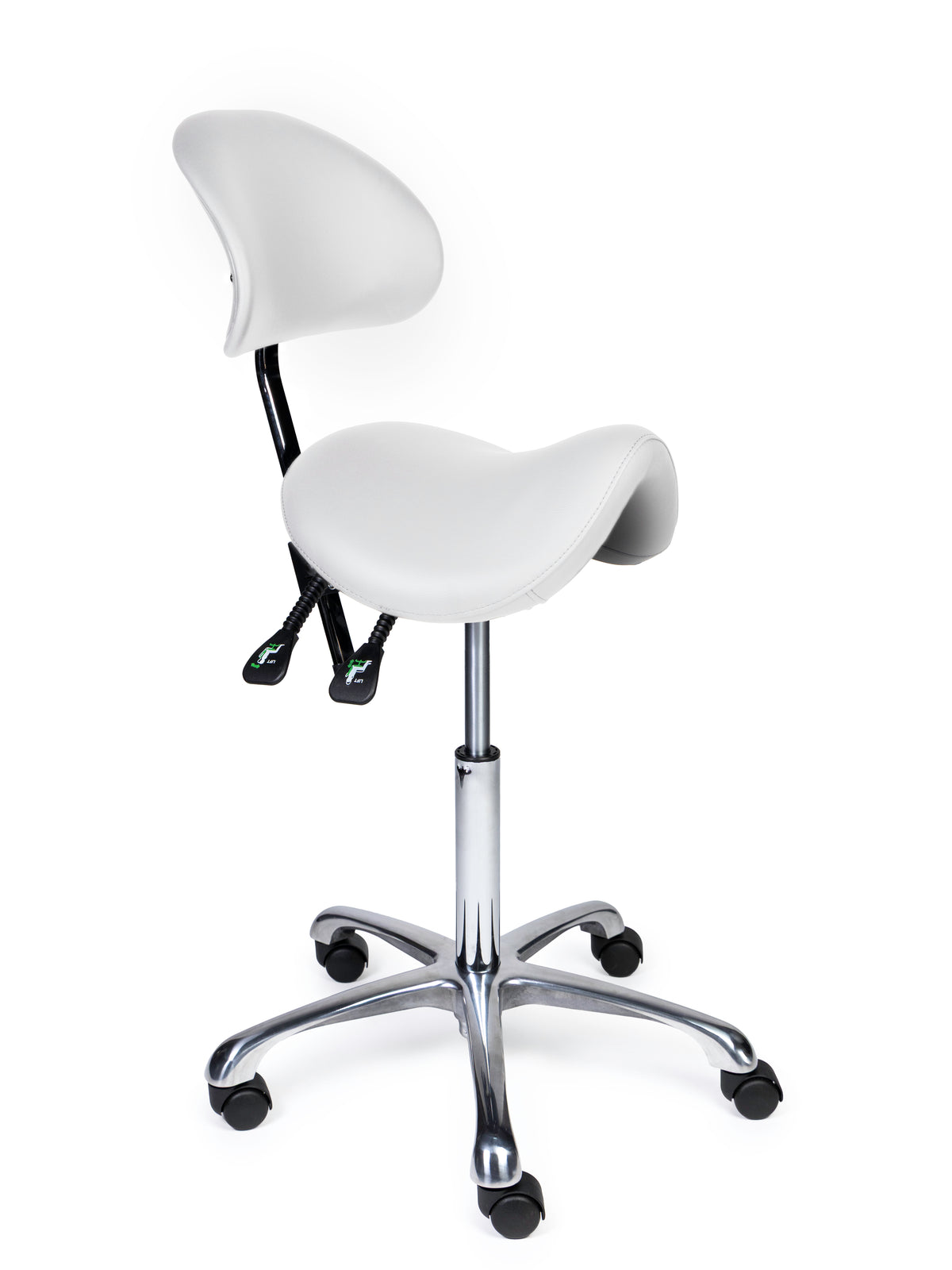 Ergonomischer Sattelhocker mit Rückenlehne Premium Weiß auf Rollen