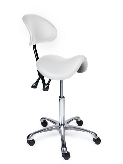 Ergonomischer Sattelhocker mit Rückenlehne Premium Weiß auf Rollen