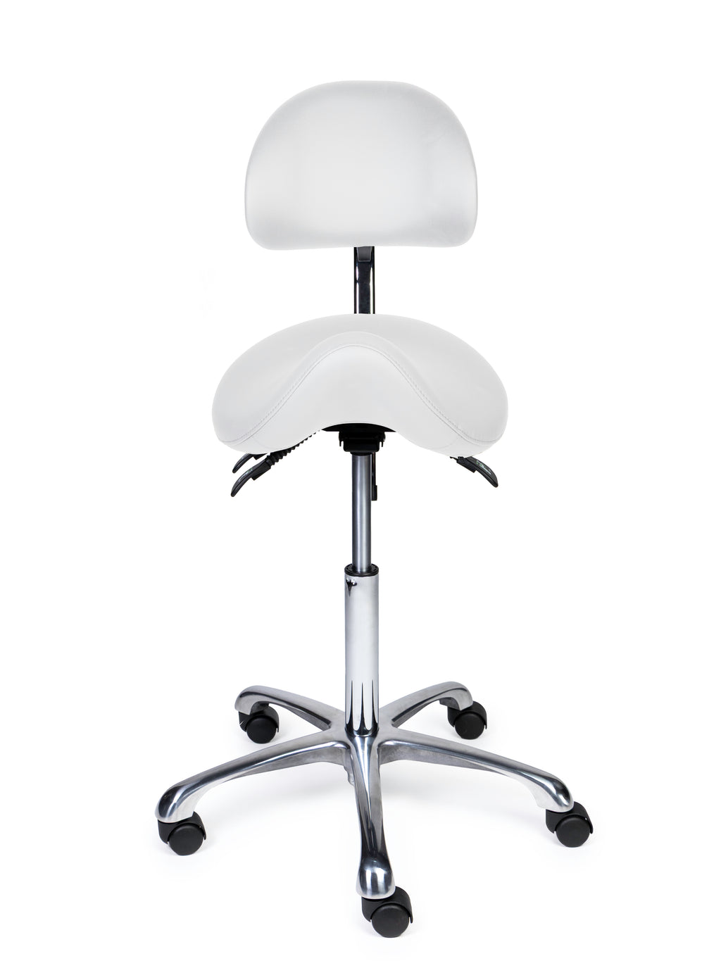 Ergonomischer Sattelhocker mit Rückenlehne Premium Weiss auf Rollen