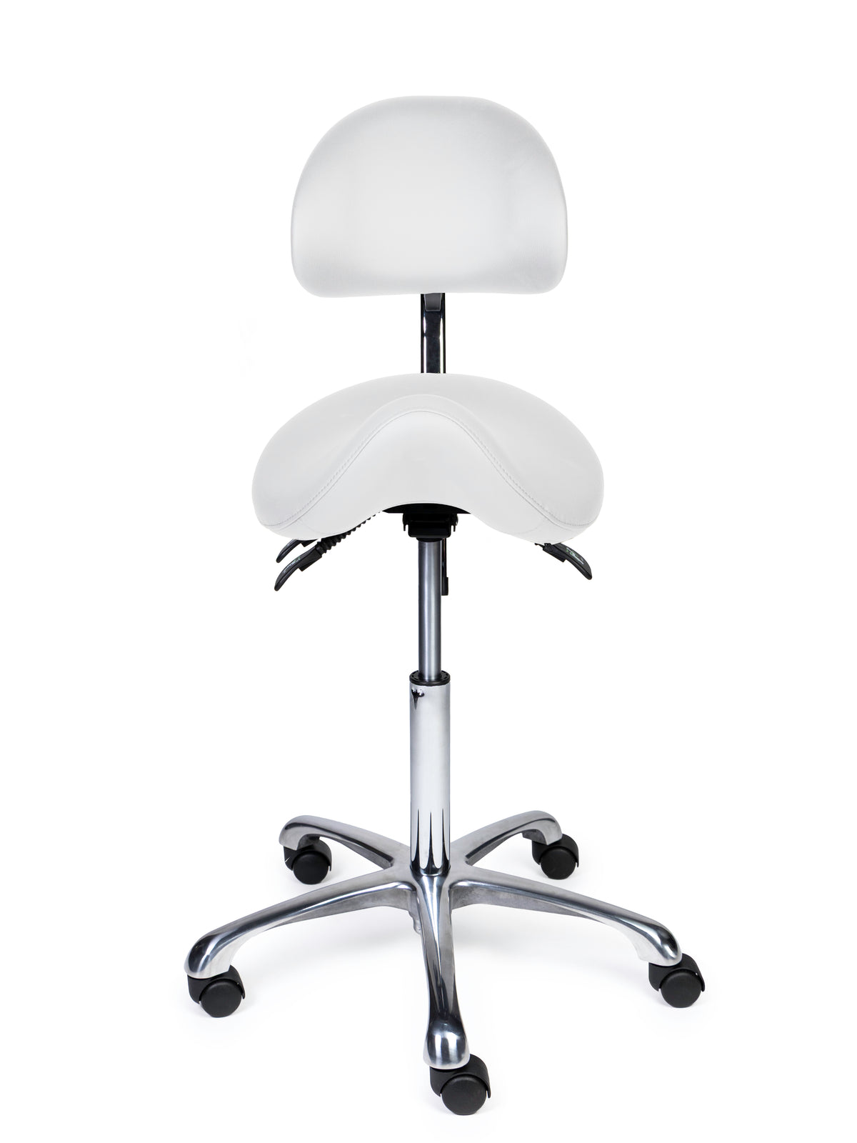 Ergonomischer Sattelhocker mit Rückenlehne Premium Weiß auf Rollen