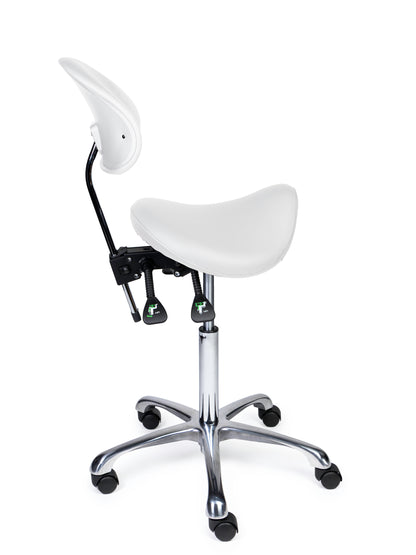 Ergonomischer Sattelhocker mit Rückenlehne Premium Weiß auf Rollen