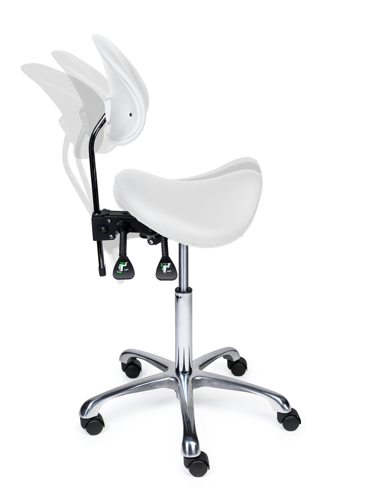Ergonomischer Sattelhocker mit Rückenlehne Premium Weiß auf Rollen