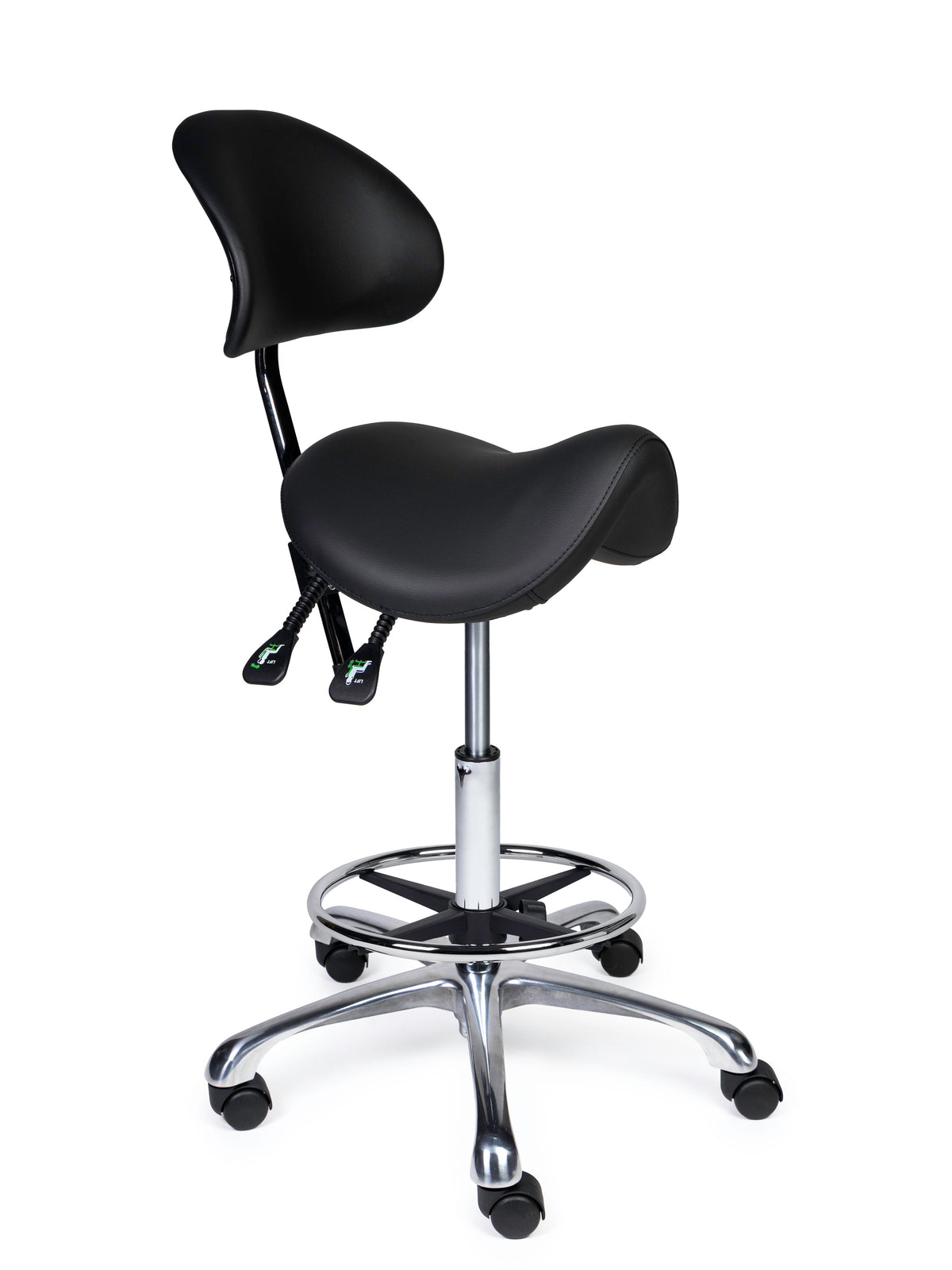Ergonomischer Sattelhocker mit Rückenlehne Premium Schwarz auf Rollen