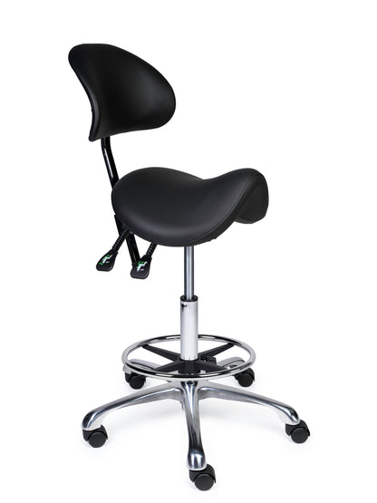 Ergonomischer Sattelhocker mit Rückenlehne Premium Schwarz auf Rollen