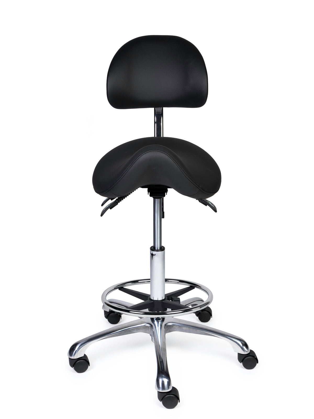 Ergonomischer Sattelhocker mit Rückenlehne Premium Schwarz auf Rollen