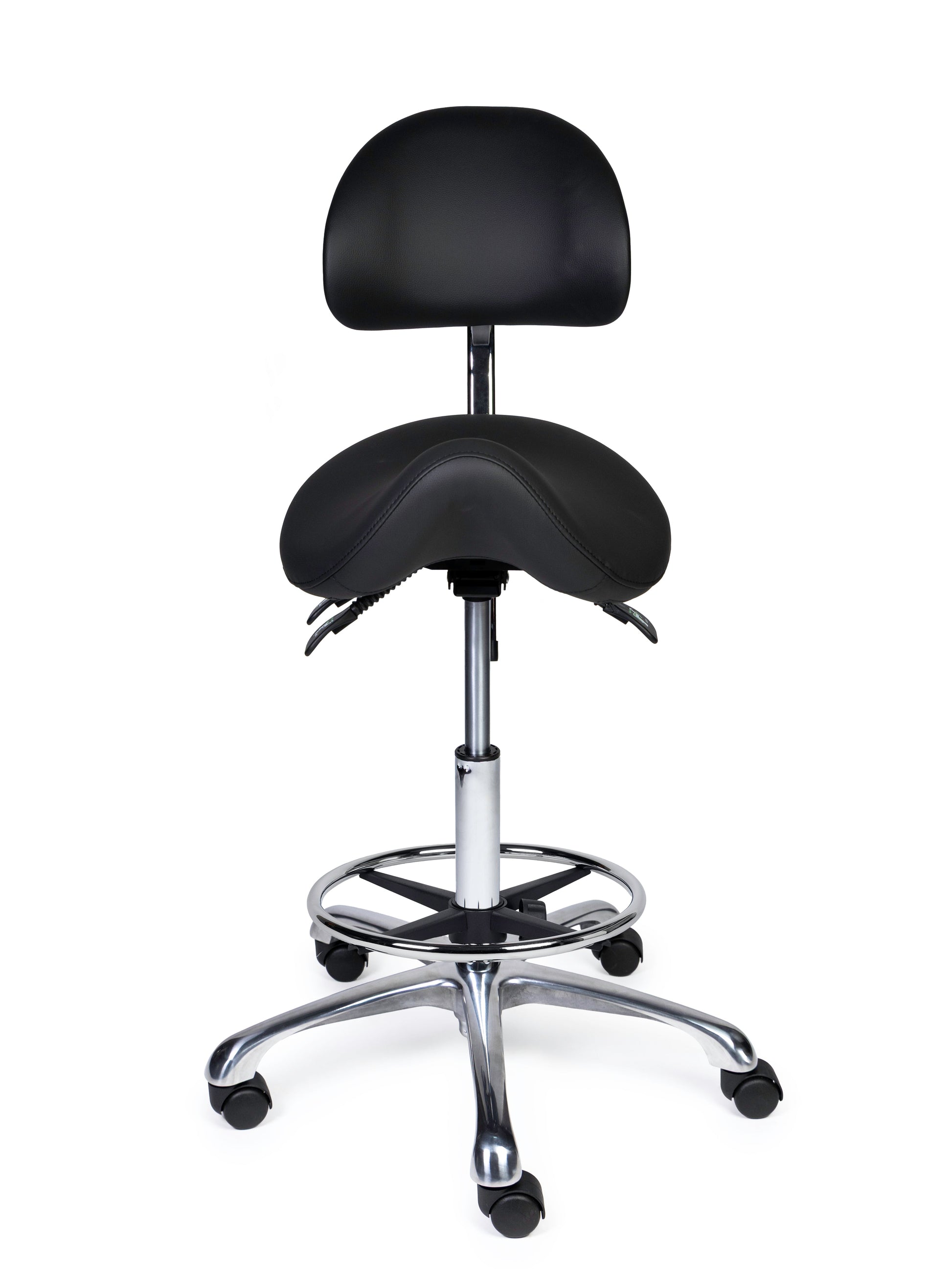 Ergonomischer Sattelhocker mit Rückenlehne Premium Schwarz auf Rollen