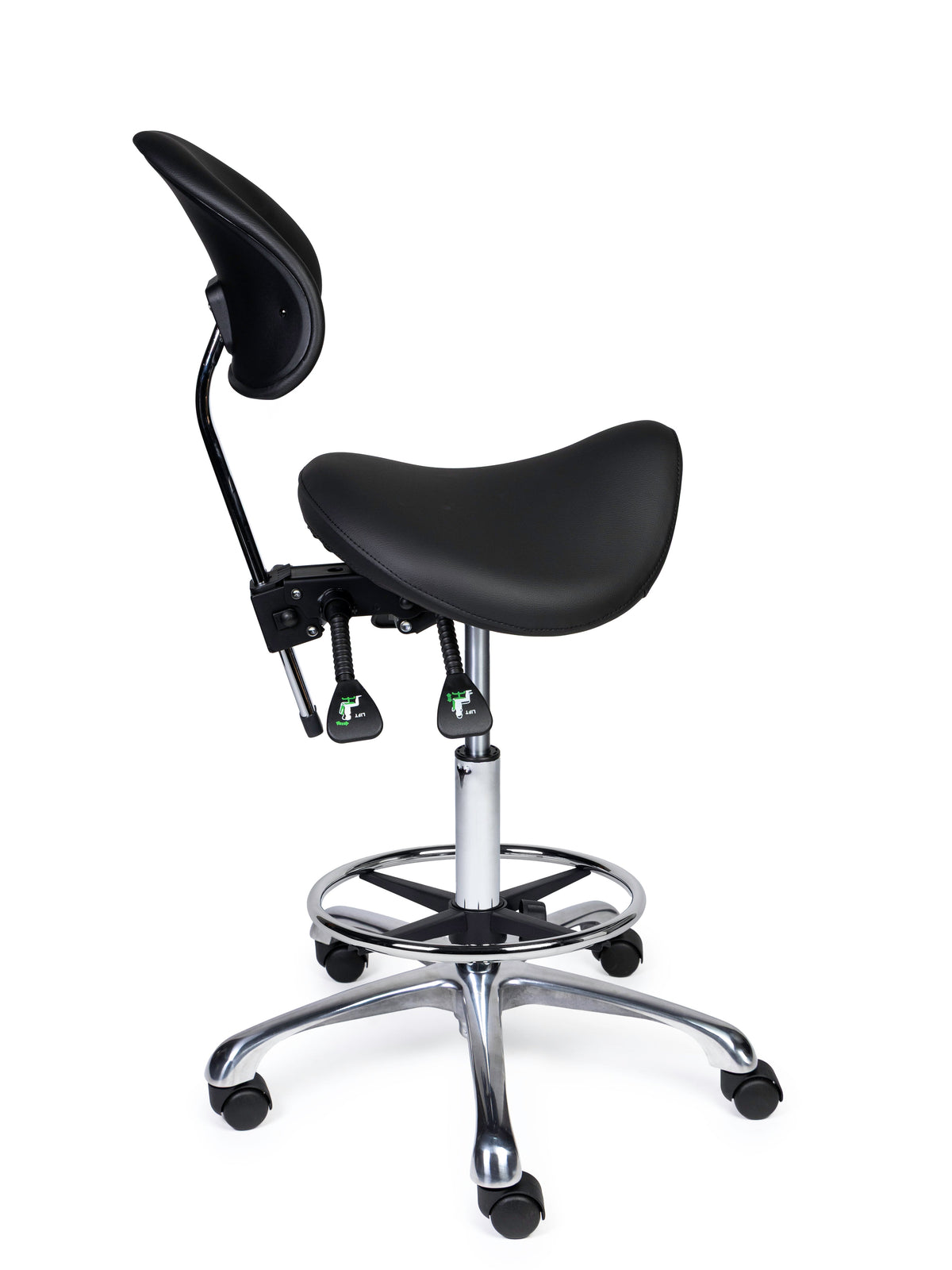 Ergonomischer Sattelhocker mit Rückenlehne Premium Schwarz auf Rollen