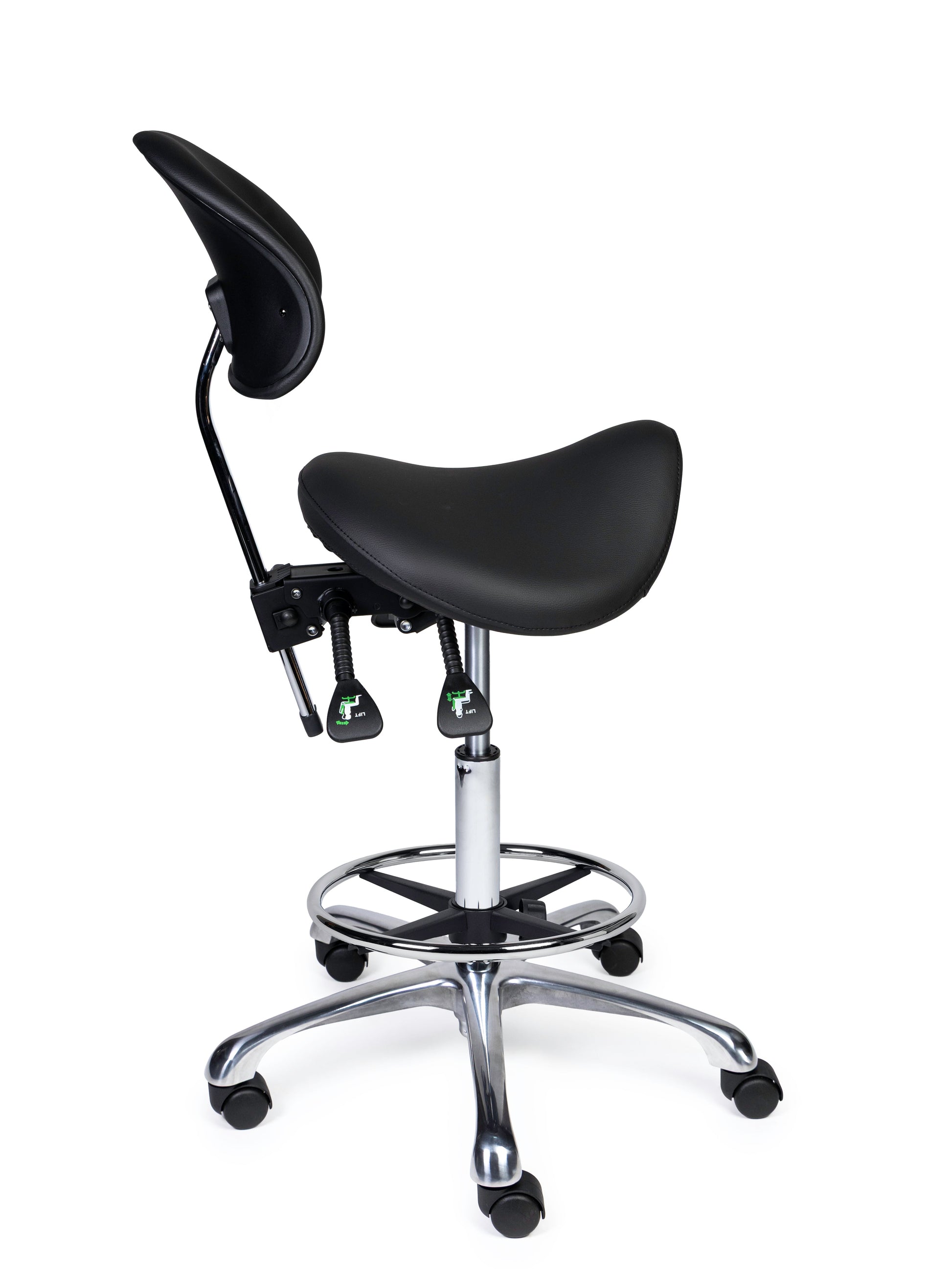 Ergonomischer Sattelhocker mit Rückenlehne Premium Schwarz auf Rollen