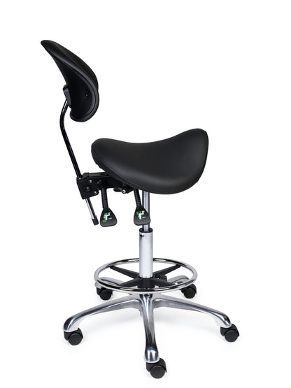 Ergonomischer Sattelhocker mit Rückenlehne Premium Schwarz auf Rollen